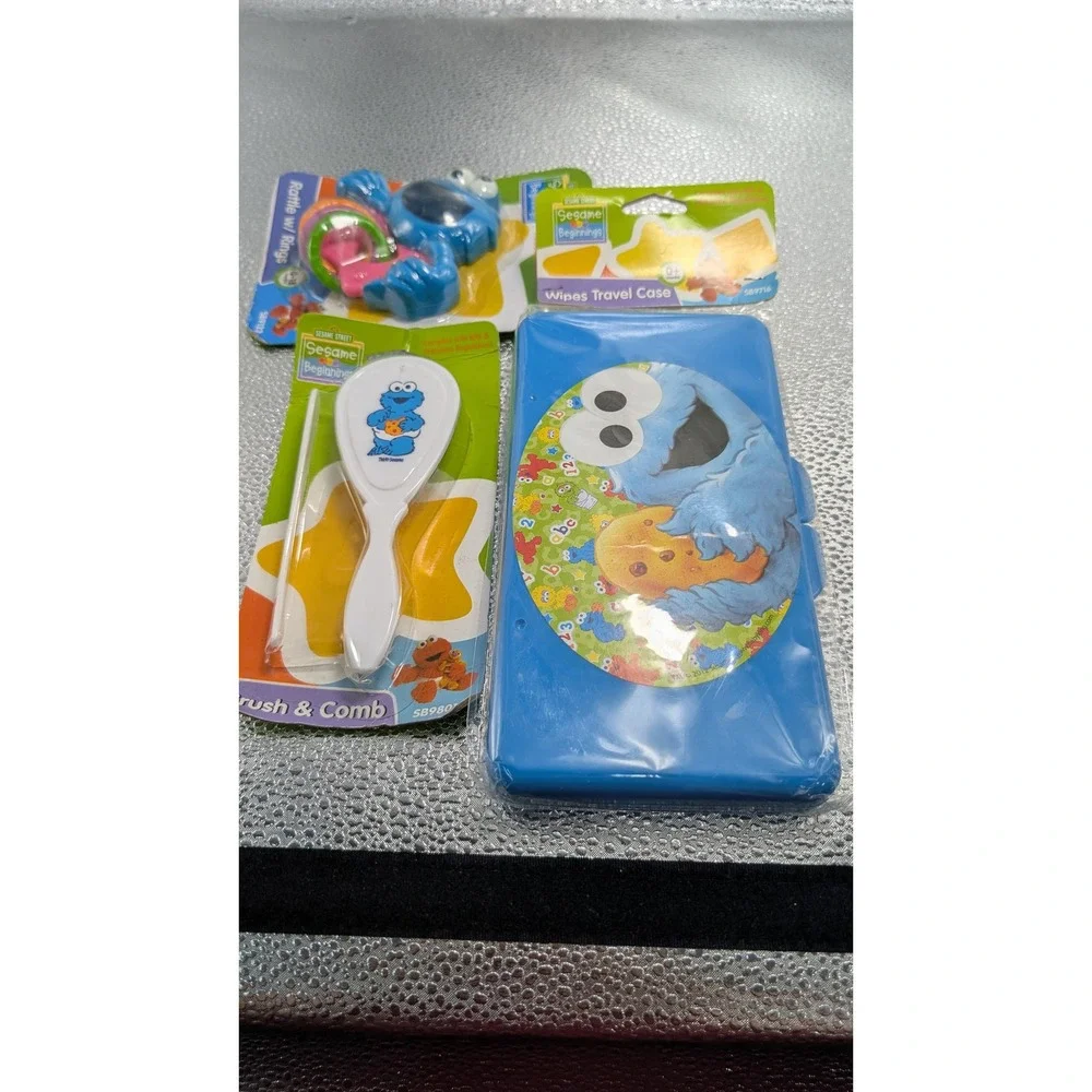 Sesame Street Beginnings Cookie Monster Baby Bundle Wipes Case Brush Rattle Set
